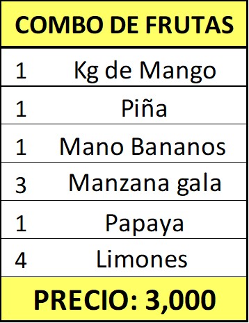 *Combo Frutas (1Kg de Mango,1 Piña,1 Mano de Bananos, 3 Manzana gala, 1 Papaya y 4 Limones)