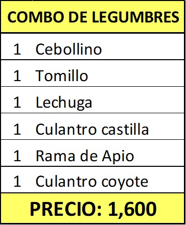 *Combo de Legumbres ( 1 Rollo de Cebollino, 1 Rollo de Tomillo, 1 Lechuga, 1 Rollo de Culantro Castilla, 1 Rama de Apio,1 Rollo de Culantro Coyote)