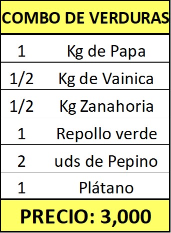 *Combo de Verduras (1Kg de papa, 1 Brocoli pequeña, 1/2 Kg de Zanahoria, 1 Repollo, 1/2Kg de Pepino, 1 Plátano)