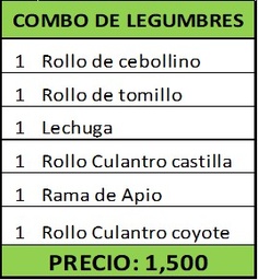 *Combo de Legumbres (1 Apio, 1 Tomillo, 1 Culantro Castilla, 1 Culantro Coyote, 1 Lechuga  + 2 Regalías)