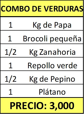 *Combo de Verduras (1Kg de papa, 1 Brocoli pequeña, 1/2 Kg de Zanahoria, 1 Repollo, 1/2Kg de Pepino, 1 Plátano)