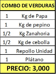 *Combo de Verduras (1Kg de papa, 1 Kg de Pepino, 1/2 Kg de Zanahoria, 1/2 Kg de Cebolla, 1 Repollo, 1 Plátano)