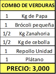 *Combo de Verduras (2 Chayotes, 1 Kg de Zanahoria, 1/2 Kg de Cebolla, 1/2 Kg de Camote, 1 Malla de Ajos, 2 Plátanos)
